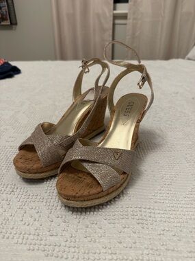 GUESS Metallic Gold Cork Wedge Sandals with Sparkle Straps